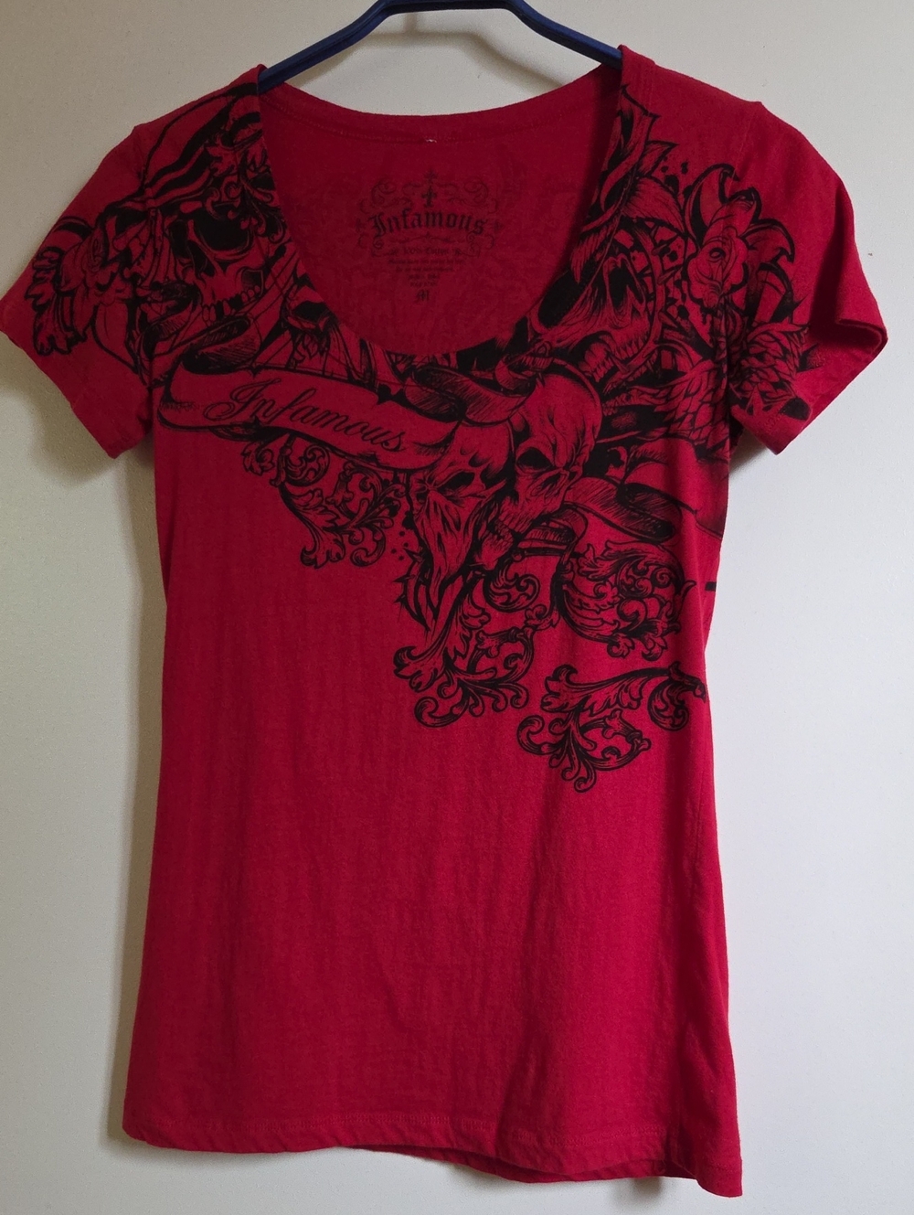 Vintage Y2K Infamous Red Skull Graphic Top Scoop Neck Grunge Affliction Style M